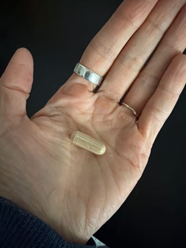 Customer's hand holding a single light-colored capsule of Ashwagandha bio KSM-66.